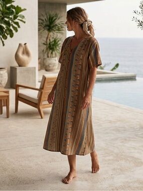 Vtg TRENDY LOOKS Earthy Boho Striped Button Front Shift Dress Resort Minimalist